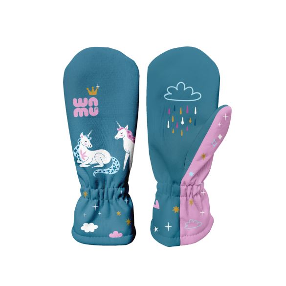 Kids Softshell Mittens, UNICORNS, Teal